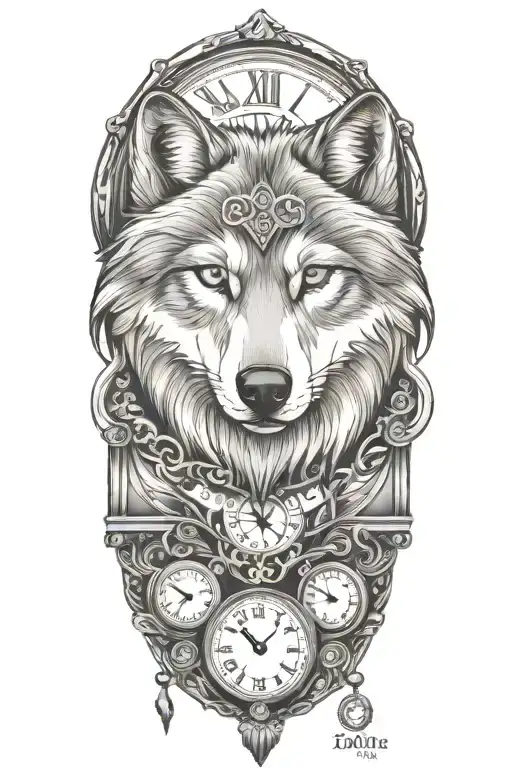 wolf, clock, tattoo eyes name date tattoo design idea