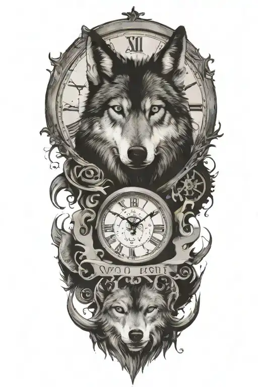 Wolf with 1 clock date and name written tattoo design idea