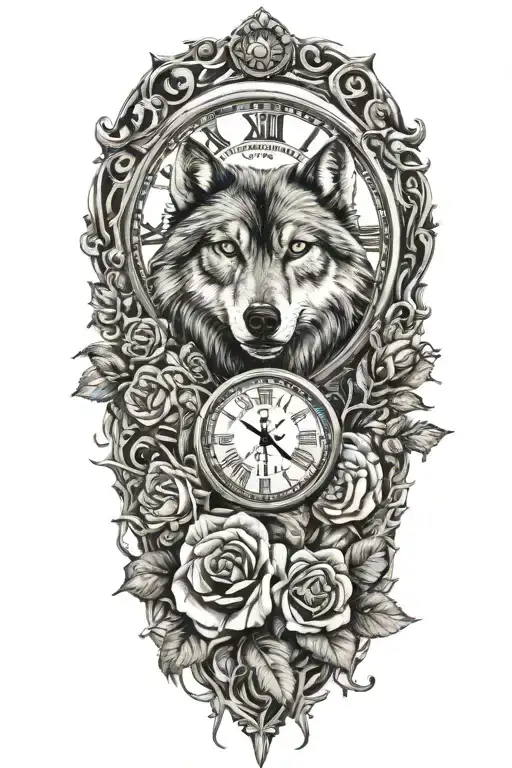 tattoo with wolf, rose, flower, clock and wrapping around vines pattern  tattoo design idea