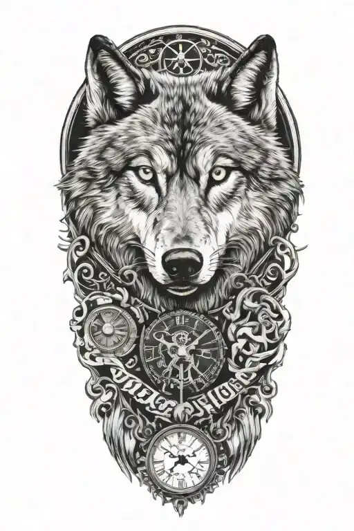 one wolf, only one clock, tattoo eyes name date tattoo design idea