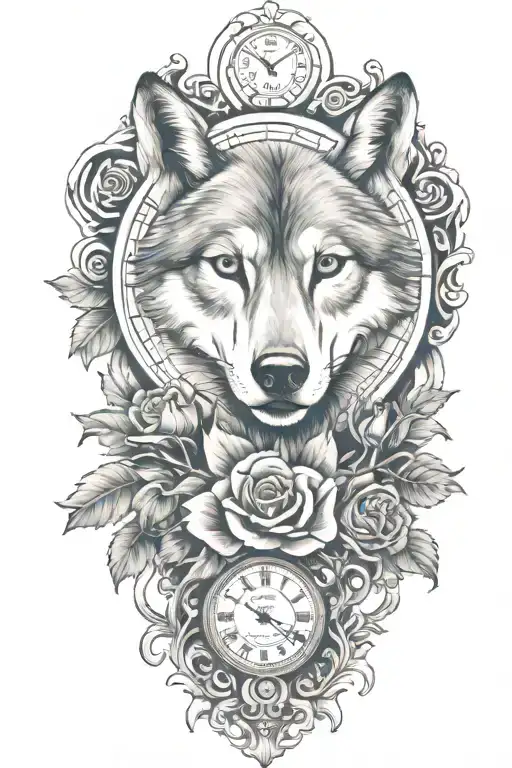 tattoo with wolf, rose, only ONE clock, heart, vines growing tattoo design idea