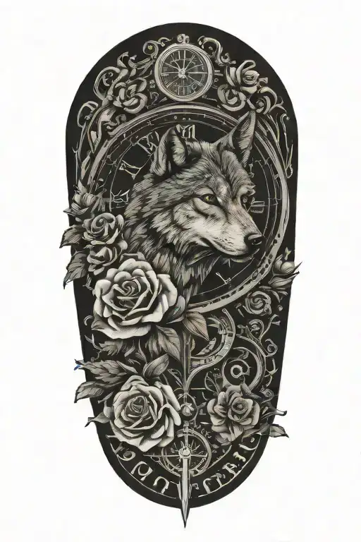 tattoo with wolf, rose, flower, clock and the name "Lottie" written down, year "2023" written down in Roman numerals  tattoo design idea