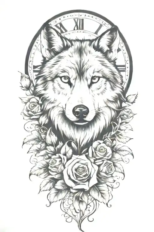 tattoo with wolf, rose, only ONE clock, heart, vines growing tattoo design idea