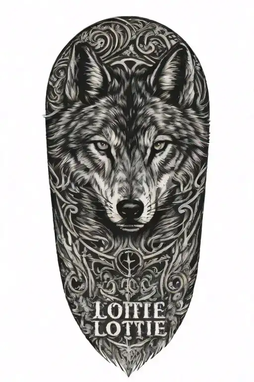 tattoo with the name "Lottie" written in small writing and date "24/04/2024" in Roman numerals, wolf in background tattoo design idea