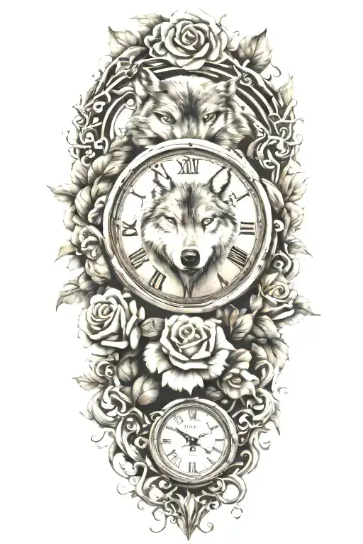 tattoo with wolf, rose, clock, heart, vines growing tattoo design idea