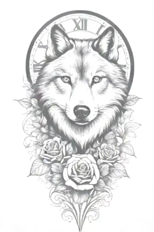 tattoo with wolf, rose, only ONE clock, heart, vines growing tattoo design idea