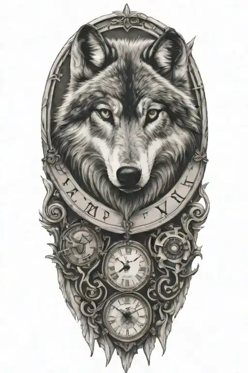 wolf, clock, tattoo eyes name date tattoo design idea