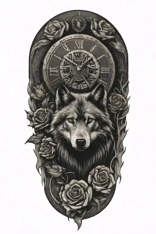 tattoo with wolf, rose, flower, clock and the name "Lottie" written down, year "2023" written down in Roman numerals  tattoo design idea