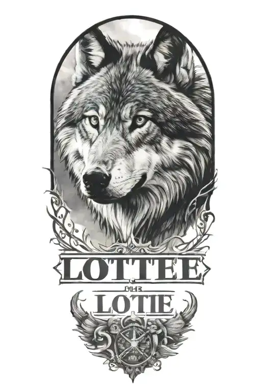 tattoo with the name "Lottie"written down and date "24/04/2024" in Roman numerals, wolf in background tattoo design idea