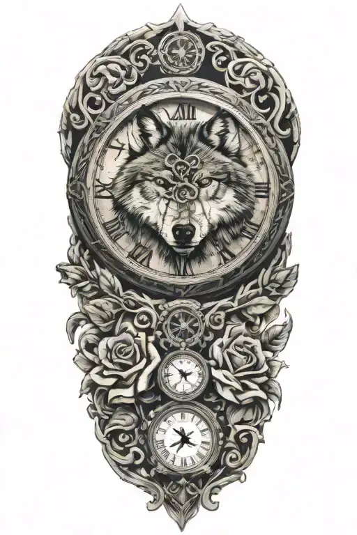 tattoo with wolf, rose, flower, clock and wrapping around pattern  tattoo design idea
