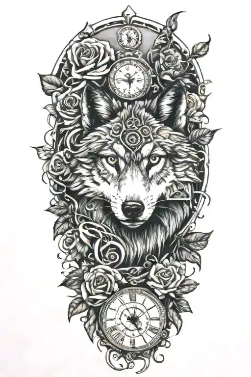 tattoo with wolf, rose, clock, heart, vines growing tattoo design idea