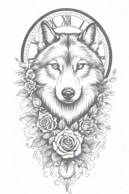 tattoo with wolf, rose, only ONE clock, heart, vines growing tattoo design idea