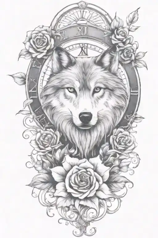 tattoo with wolf, rose, only ONE clock, heart, vines growing tattoo design idea