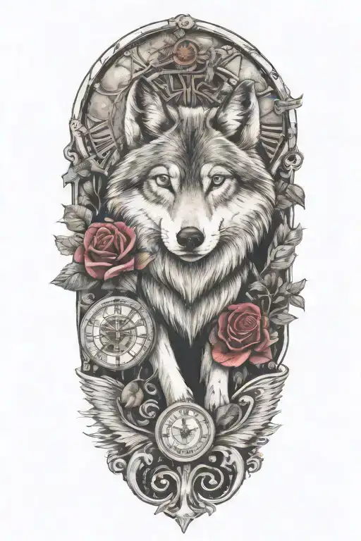 tattoo with wolf, rose, clock, heart, vines growing tattoo design idea