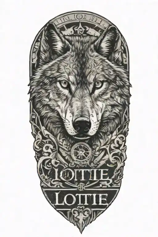 tattoo with the name "Lottie"written down and date "24/04/2024" in Roman numerals, wolf in background tattoo design idea