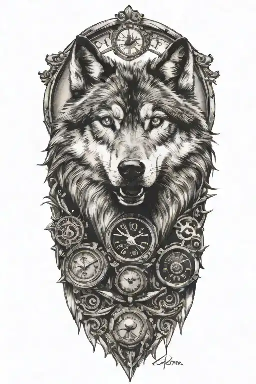 wolf, clock, tattoo eyes name date tattoo design idea