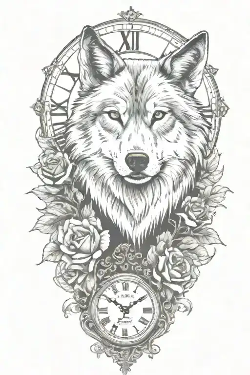 tattoo with wolf, rose, only ONE clock, heart, vines growing tattoo design idea