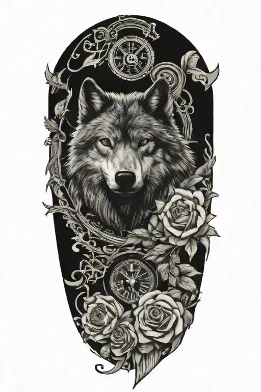 tattoo with wolf, rose, flower, clock and the name "Lottie" written down, year "2023" written down in Roman numerals  tattoo design idea