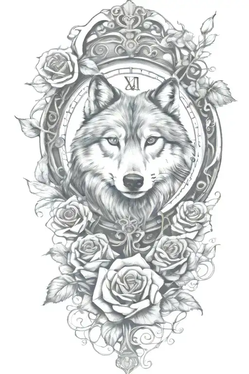 tattoo with wolf, rose, only ONE clock, heart, vines growing tattoo design idea