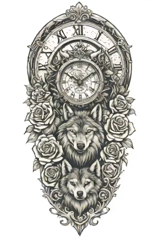 tattoo with wolf, rose, flower, clock and swirling pattern  tattoo design idea