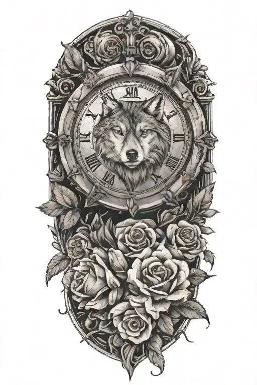 tattoo with wolf, rose, flower, clock and the name "Lottie" written down, year "2023" written down in Roman numerals  tattoo design idea