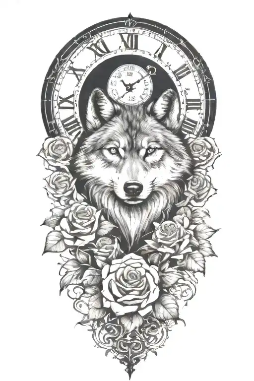 tattoo with wolf, rose, only ONE clock, heart, vines growing tattoo design idea