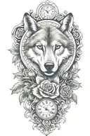 tattoo with wolf, rose, only ONE clock, heart, vines growing tattoo design idea