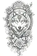 tattoo with wolf, rose, only ONE clock, heart, vines growing tattoo design idea