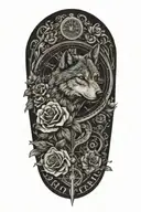 tattoo with wolf, rose, flower, clock and the name "Lottie" written down, year "2023" written down in Roman numerals  tattoo design idea