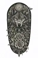 tattoo with wolf, rose, flower, clock and the name "Lottie" written down, year "2023" written down in Roman numerals  tattoo design idea