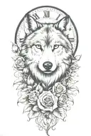 tattoo with wolf, rose, only ONE clock, heart, vines growing tattoo design idea