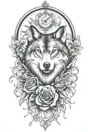 tattoo with wolf, rose, only ONE clock, heart, vines growing tattoo design idea