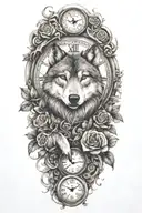 tattoo with wolf, rose, clock, heart, vines growing tattoo design idea
