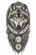 wolf, clock, tattoo eyes name date tattoo design idea