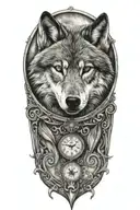 wolf, clock, tattoo eyes name date tattoo design idea