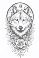 tattoo with wolf, rose, only ONE clock, heart, vines growing tattoo design idea