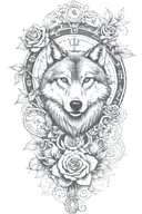 tattoo with wolf, rose, only ONE clock, heart, vines growing tattoo design idea