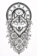 tattoo with wolf, rose, only ONE clock, heart, vines growing tattoo design idea