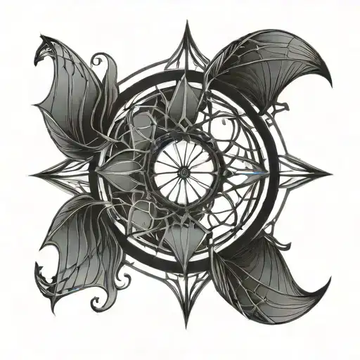 ornate gothic circular windows, art nouveau, bat wings, celestial theme tattoo design idea
