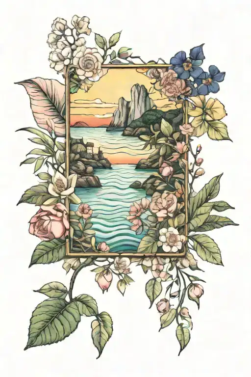 flowers, leaves surround little iconic paintings like gustav klimt, frida kahlo, picasso in frames, sea, ship, sunset  tattoo design idea