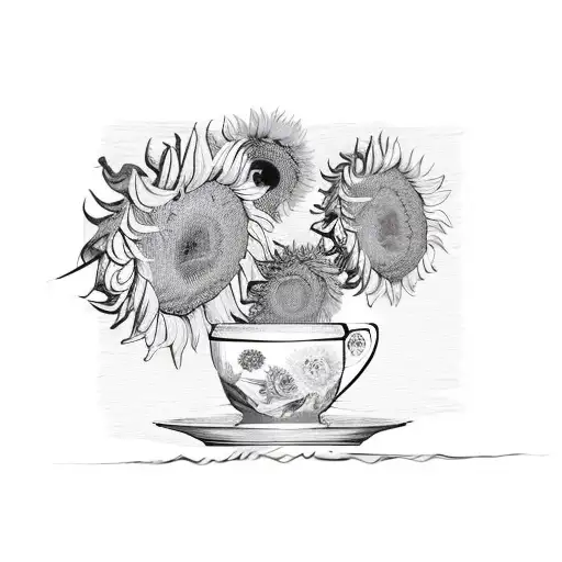 A coffee cup with Van Gogh's Sunflowers as its pattern in sketch style tattoo design idea