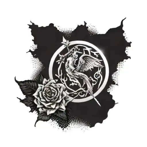 A Hunger Games inspired tattoo incorporating elements of the Targaryen's symbol and the Deathly Hallows symbol tattoo design idea