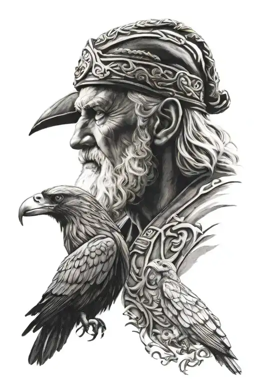 portrait of odin with raven in black and white tattoo design idea