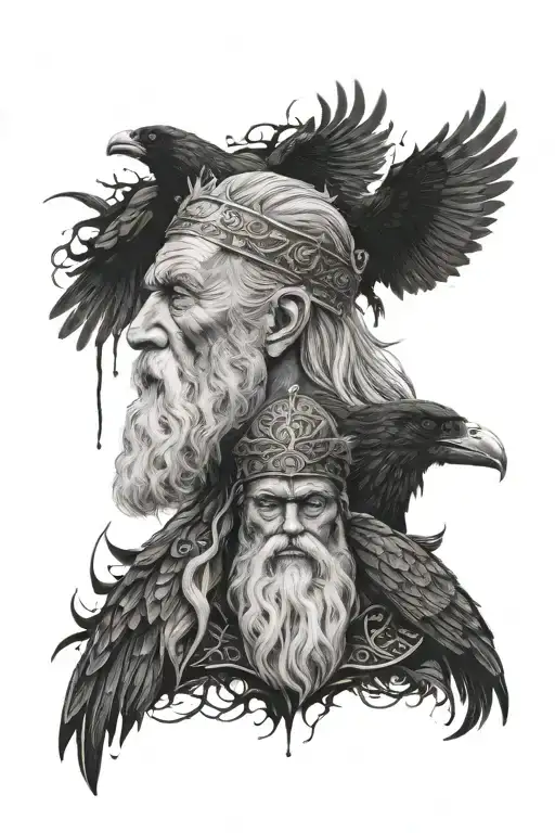 Odin portrait with raven in black and white with a black background and a spirit of vengeance and darkness with spurts of blood tattoo design idea