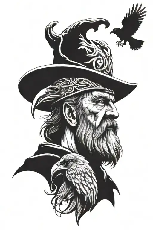 portrait of odin with raven in black and white tattoo design idea