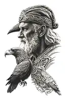 portrait of odin with raven in black and white tattoo design idea
