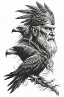 portrait of odin with raven in black and white tattoo design idea