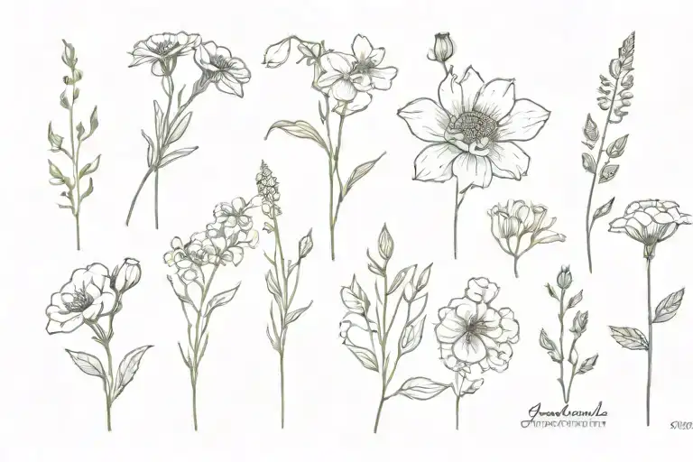 birth flowers january may june august and october, small in a row without stem tattoo design idea