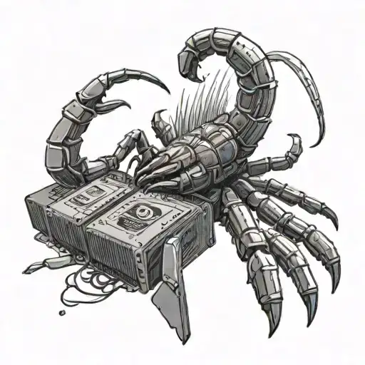 A detailed scorpion emerging from a pile of video game cartridges, with a pixelated design tattoo design idea