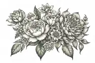 marigold,cosmos,daisy,tulip,larkspur,waterlilly,chrysanthemum and peony flower tattoo design idea